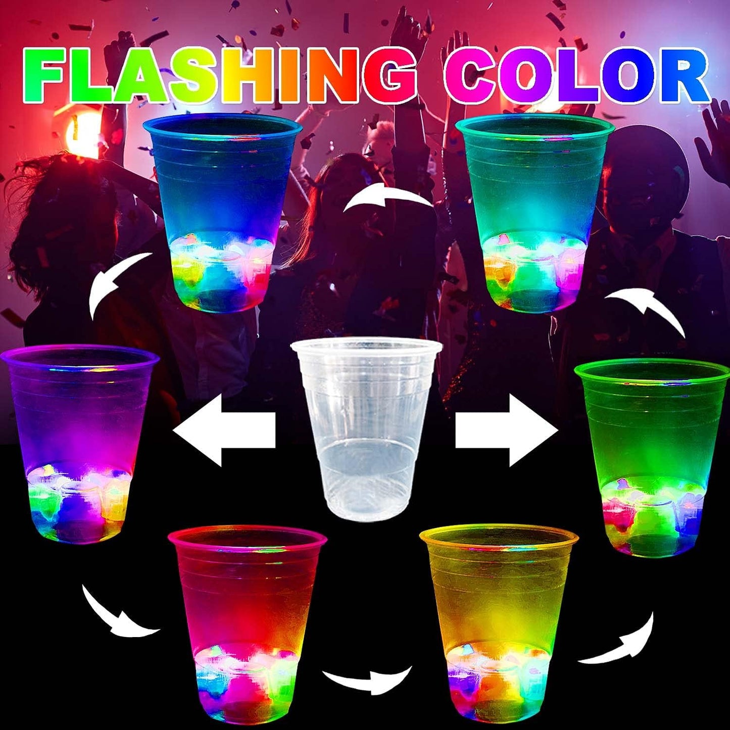 16oz Glowing Party Cups for Indoor Outdoor Party Event Fun, Pack with Flashing color Bright Glow-In-The-Dark Colors for House Parties Birthdays Concerts Weddings BBQ Beach DJ Holidays