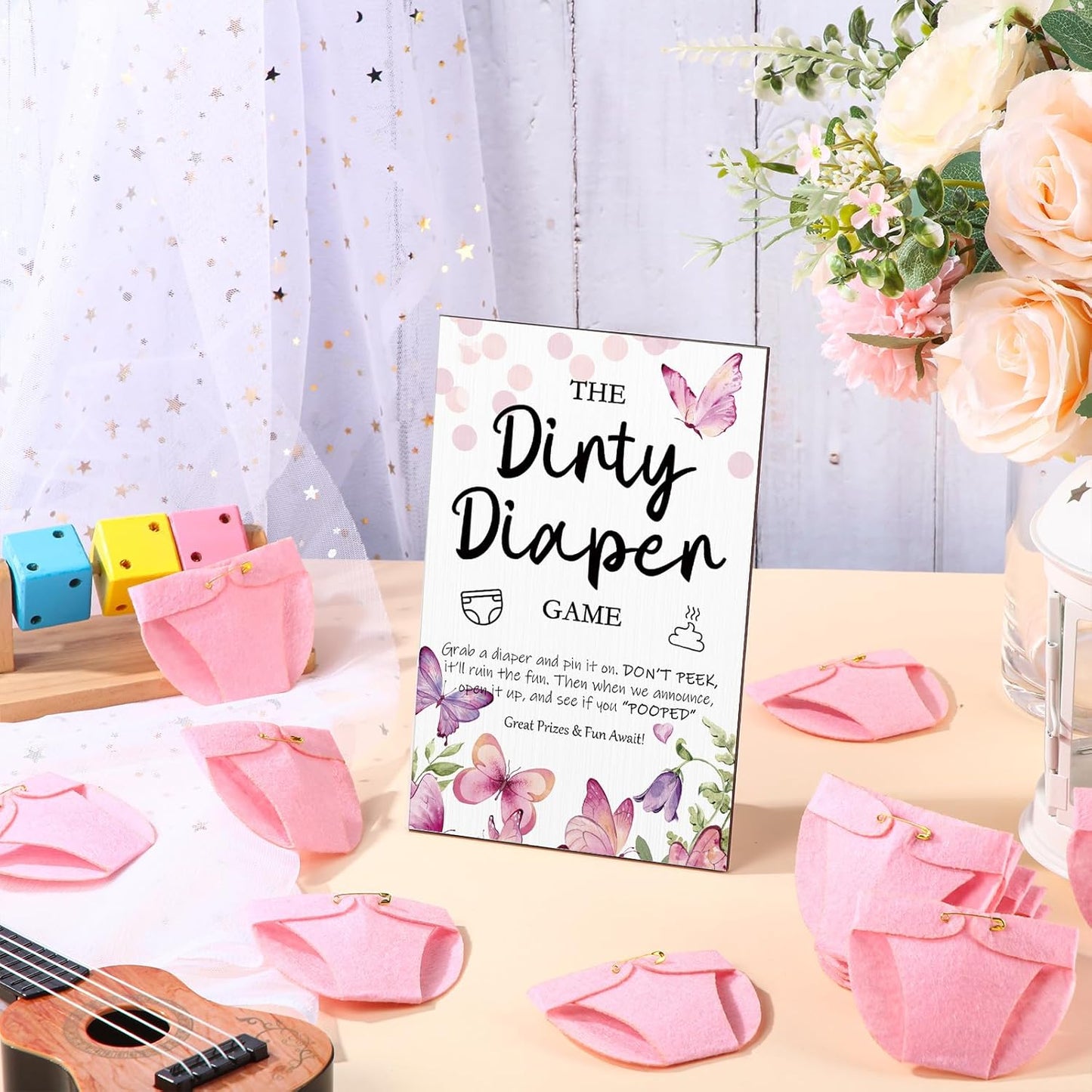 Roowest 51 Pcs Dirty Diaper Baby Shower Games Funny Wooden Sign with 50 Pcs Mini Diapers Cute Felt for Gender Reveal Party Baby Shower(Pink Butterfly)