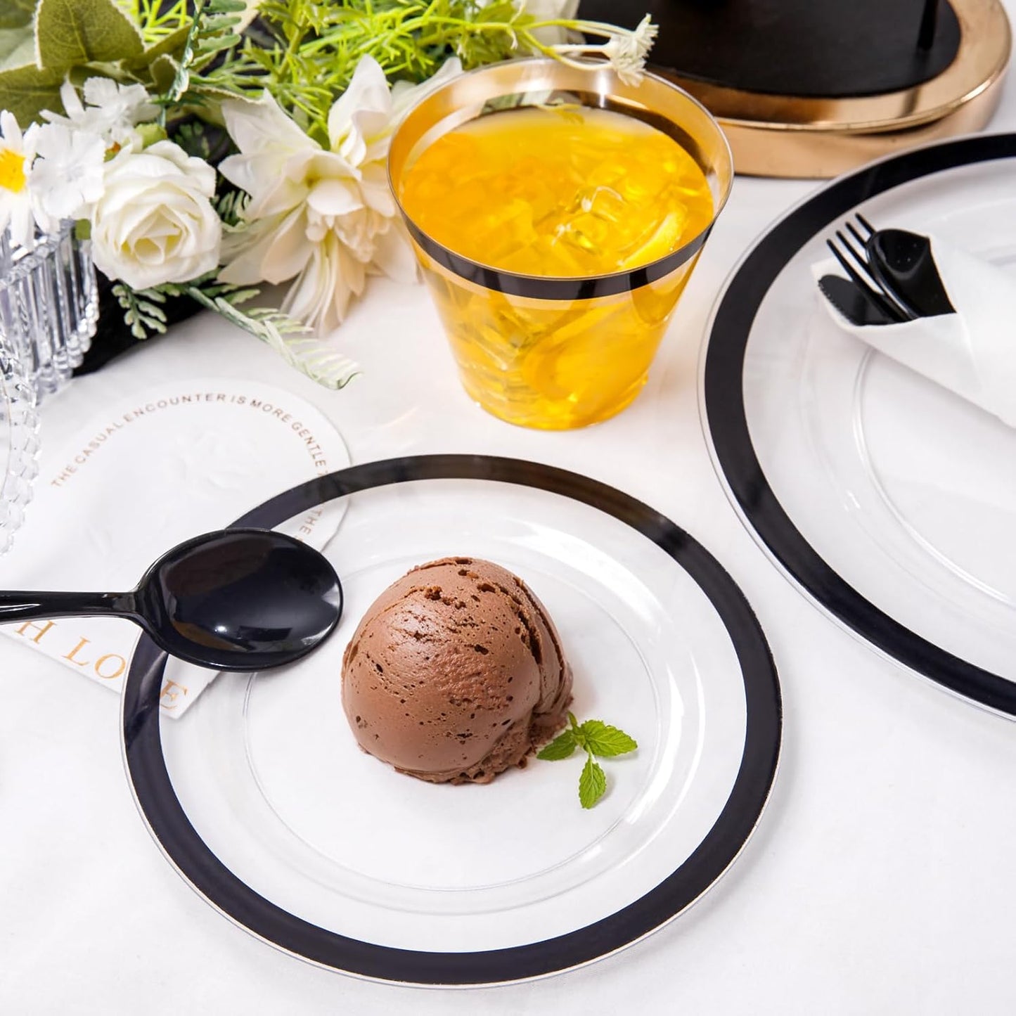 Liacere 350PCS - Clear Plates with Black Rim for 50Guests Dinnerware Include 100 Clear Plates disposable 150 Black Silverware 50 Napkins for Party&New Year