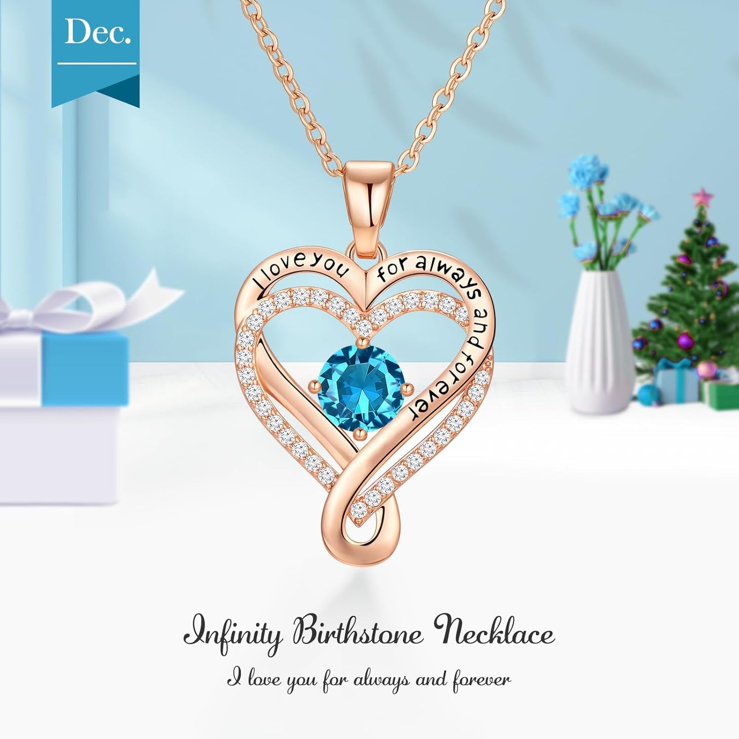 18K Rose Gold Infinity Love Heart Birthstone Necklace for Women Wife, Anniversary for Women Wife Birthday Gift for Her Girlfriend Mom Daughters, I Love You Women's Jewelry S925 Sterling Silver