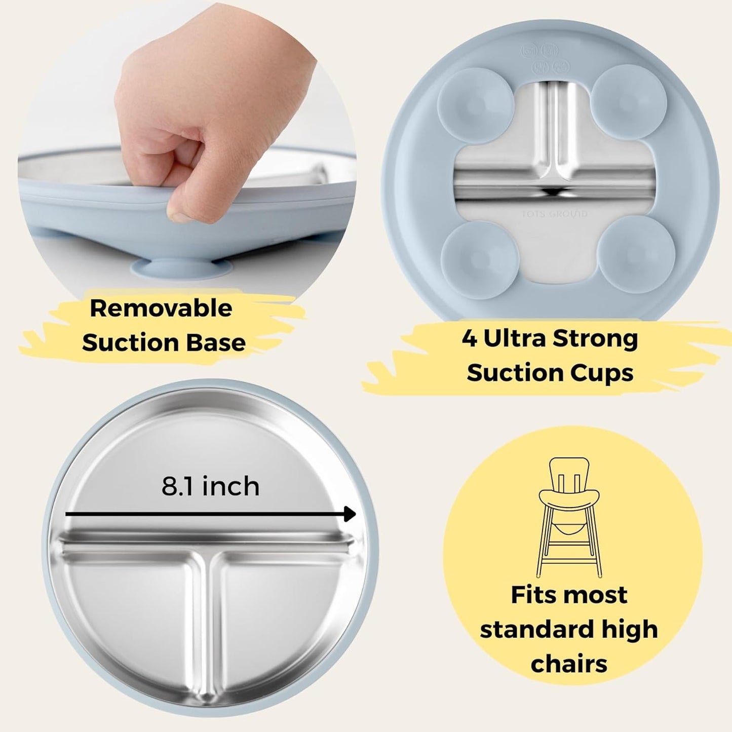 Stainless Steel Toddler Plate with Suction Set of 2, 8” Divided Plates with Removable Silicone Sleeves for Kids, Non Toxic & BPA Free | Non Slip | Unbreakable Baby Dishes, (Butter Yellow & Baby Blue)