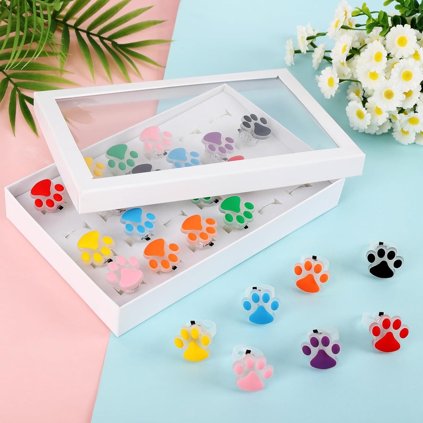 TUWUNA Paw Print LED Light Up Rings 24 Pcs Paw Party Favors Glowing Finger Rings Toys for Pet Puppy Dog Birthday Party Supplies,Classroom Prizes Pinata Goodie Bag Stuffers Gifts