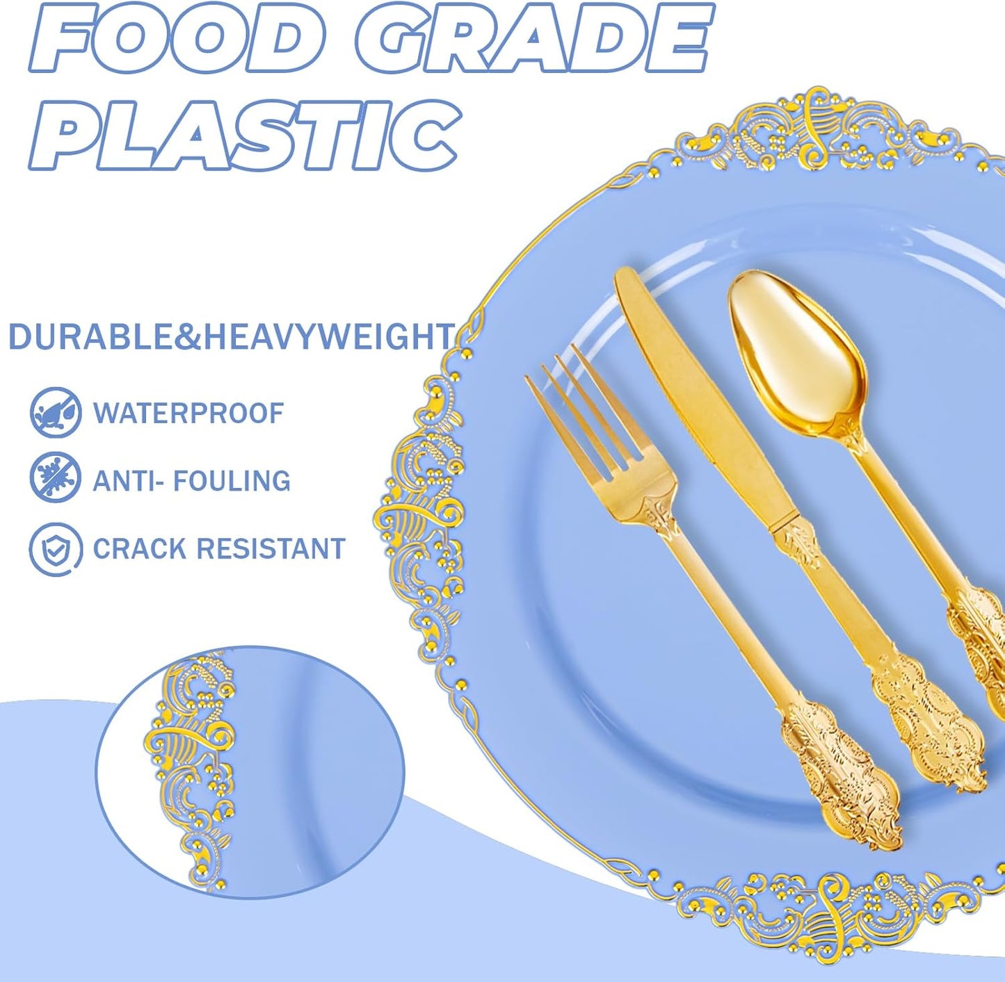 125PCS Blue and Gold Plastic Plates - Airy Blue Disposable Plate - Gorgeous Plates with Gold Plastic Silverware Sets for 25 Guests for Party & Wedding & Spring