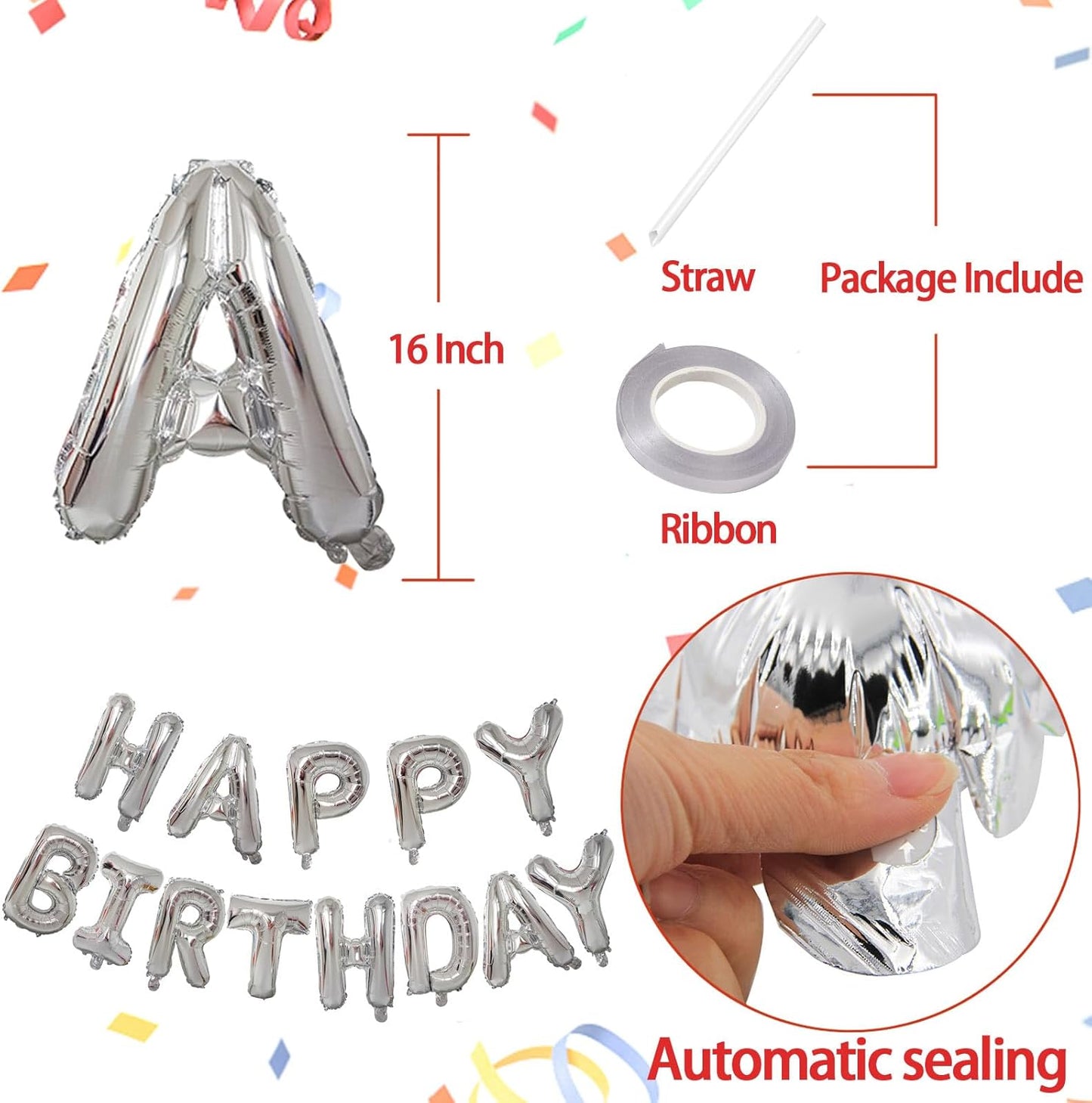 KALOR Silver Happy Birthday Balloons Banner, 16 Inch Mylar Foil Letters Balloon Sign for Women, Men, Boys & Girls Kids Birthday Decorations Photo Backdrop
