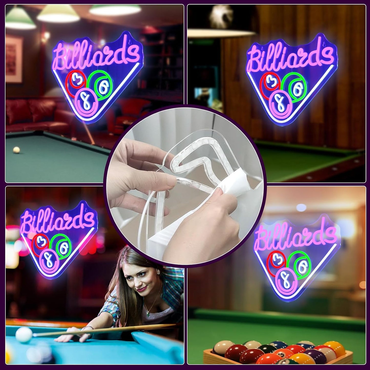 Billiards Neon Signs for Wall Decor Purple LED Light Sign for Preppy Room Decor Light Up Sign for Game Room Birthday Party Decoration USB Powered