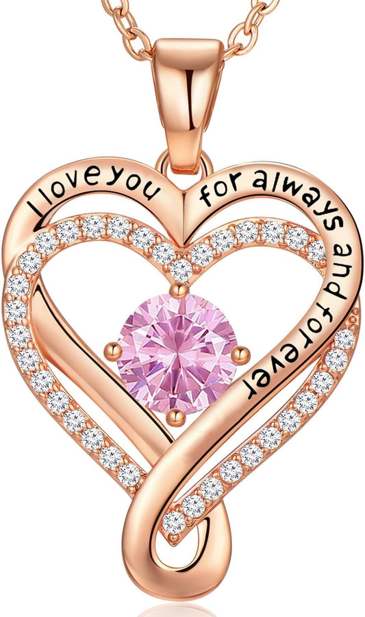 18K Rose Gold Infinity Love Heart Birthstone Necklace for Women Wife, Anniversary for Women Wife Birthday Gift for Her Girlfriend Mom Daughters, I Love You Women's Jewelry S925 Sterling Silver