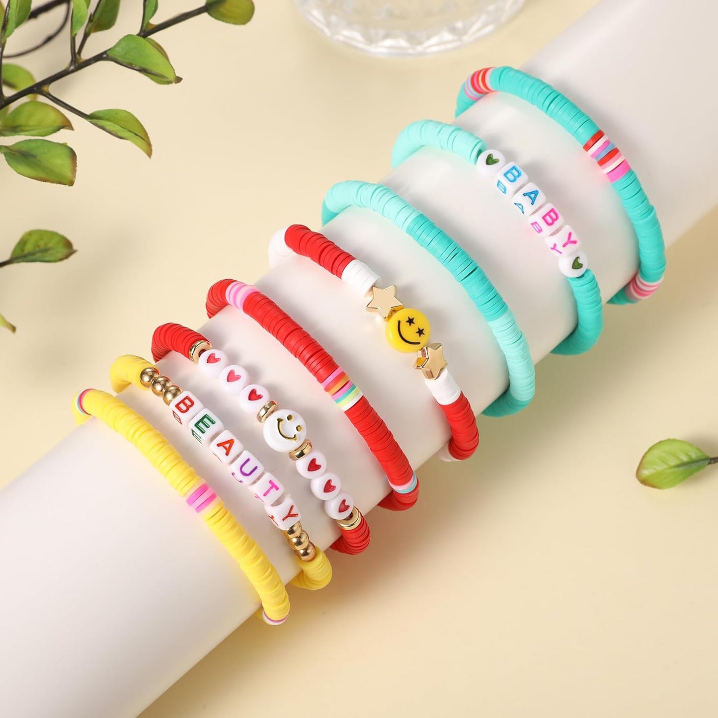 Preppy Bracelets Set Colorful White Gold Smile Heart Star Polymer Beaded Pearl Clay Stackable Charm Y2K Kidcore Aesthetic Summer Beach Bohemian Stretch Layering Bracelets Jewelry for Girls Women Teens
