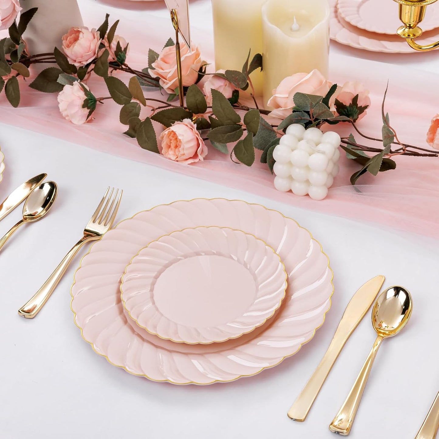YOUBET 125Piece Pink Plastic Plates with Gold Rim – Scalloped Plastic Plates Set Includes 25 Dinner, 25 Dessert Plate, 75 Gold Silverware for 25Geusts for Wedding Birthday Parties & Baby Shower