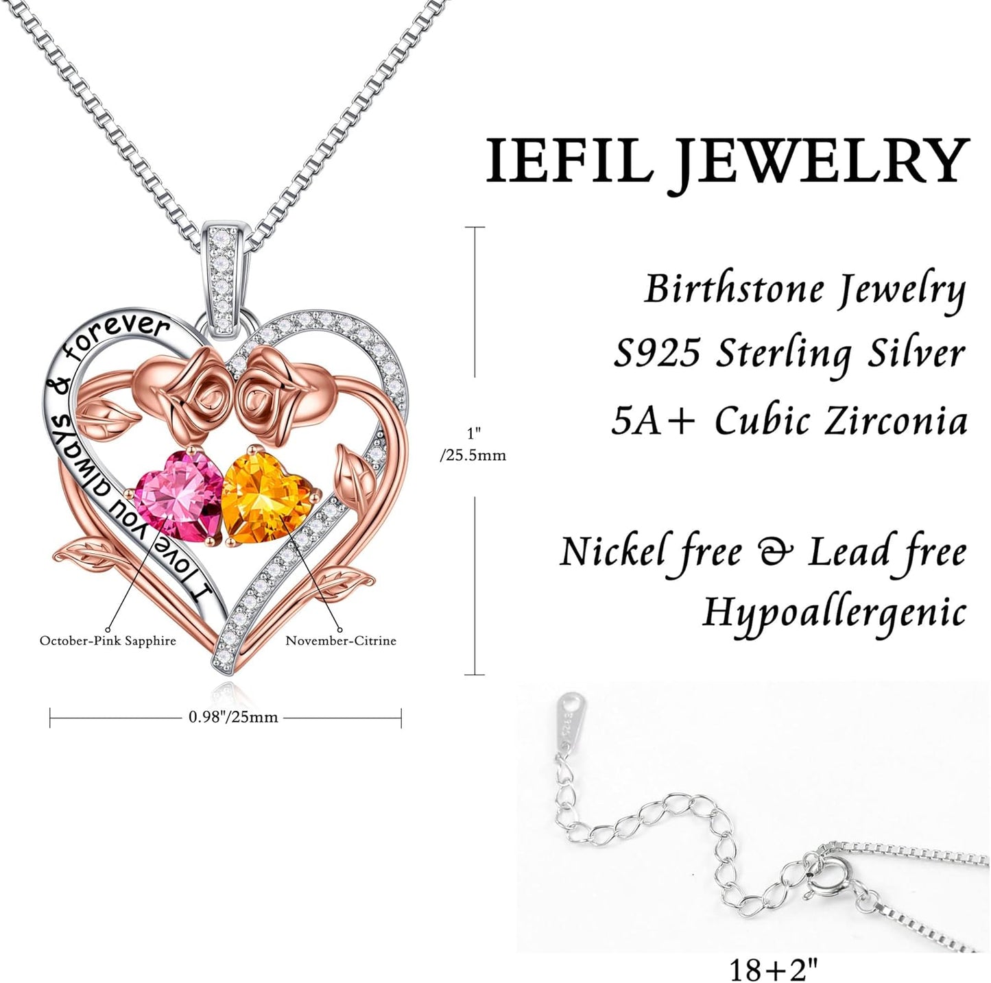 Iefil Rose Heart Double Birthstone Necklace Gifts for Wife Her Mom Women, Birthstone Jewelry Gemstone Birthday Gifts for Girlfriend Grandma Her Wife Women