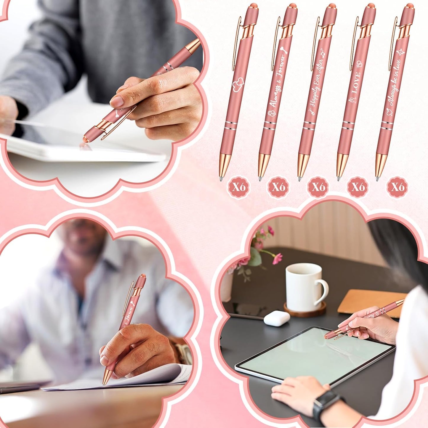 Kisston 36 Pcs Wedding Pens Bulk Bridal Shower Pens Favors Bachelorette 6 Styles Retractable Ballpoint Wedding Favors Supplies for Guest Game Office(Rose Gold)