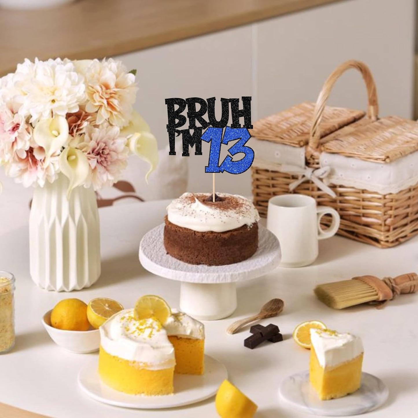 1 PCS Bruh I'm 13 Cake Topper Glitter Happy 13th Birthday Cake Pick Bro I'm 13 Cake Decoration It's My 13th Birthday Decorations for Cheers to 13 Years Old Birthday Anniversary Party Supplies Blue