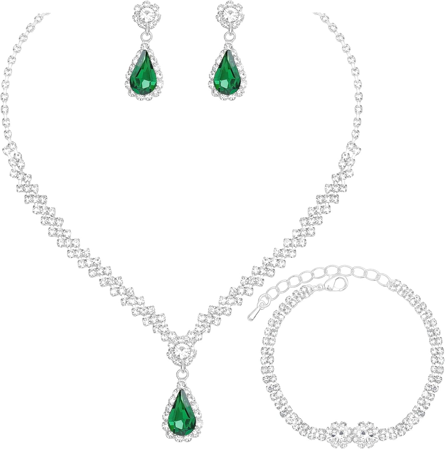 HONGLU Elegant Crystal Necklace Earrings Bracelets Set Silver Bridal Wedding Jewelry Sets Bride Bridesmaids Prom Formal Costume Accessories for Women