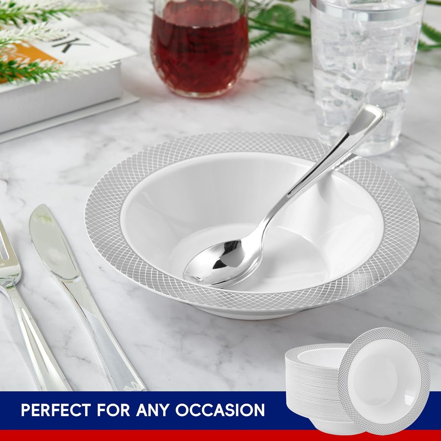 JOLLY CHEF 100 Pack Plastic Bowls with Silver Rim, 12 oz Disposable Soup Bowls, Heavy Duty Dessert Bowls for Weddings, Parties, Dinners, Catering, Thanksgiving and Everyday Use