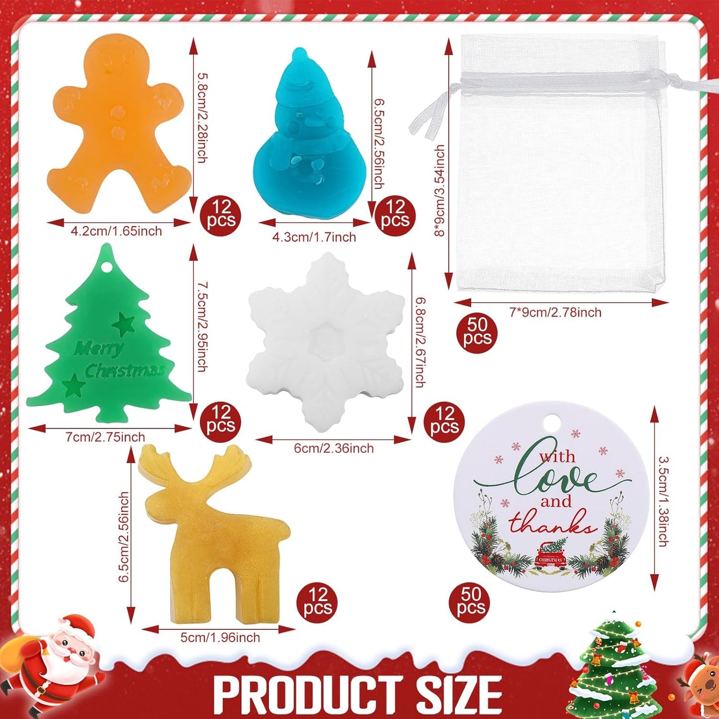 60 Set Christmas Soap Bar Gift Set Christmas Handmade Soaps Bulk Xmas Tree Snowman Gingerbread Snowflake Soaps with 50 Organza Bags 50 Thanks Tags Fun Holiday Stocking Stuffer Party Favors