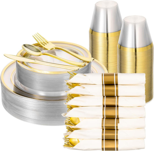 350 PCS Transparent Base With Gold Edge Plastic Dinnerware Set for 50 Guests, 100 Plates for Party, 50 Pre Rolled Napkins with Gold Silverware, 50 Cups