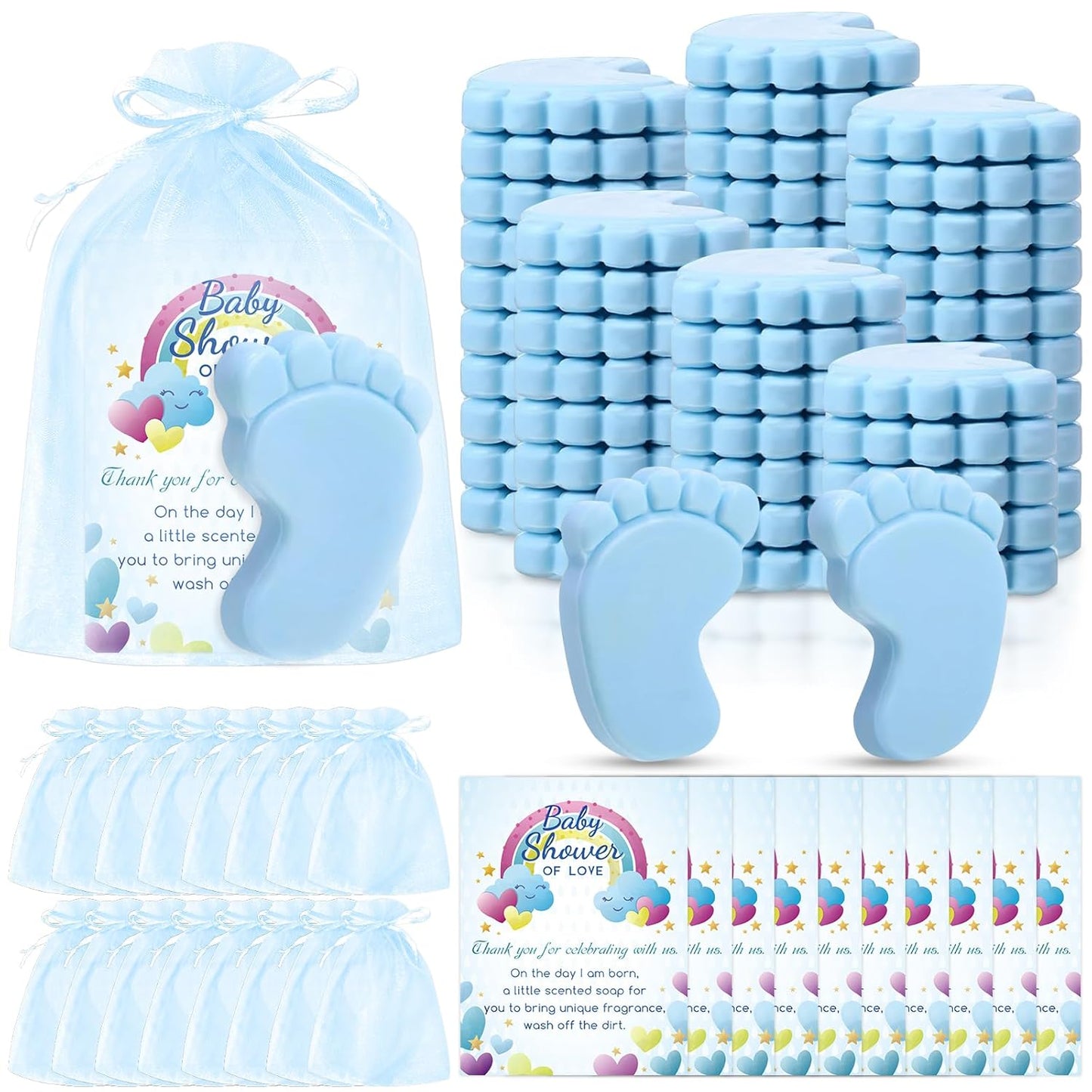 50 Sets Baby Shower Favors Refreshing Foot Soap Perfect Baby Shower Favors for Guests, Gifts, and Prizes with Organza Bags Thanks Cards (Blue)