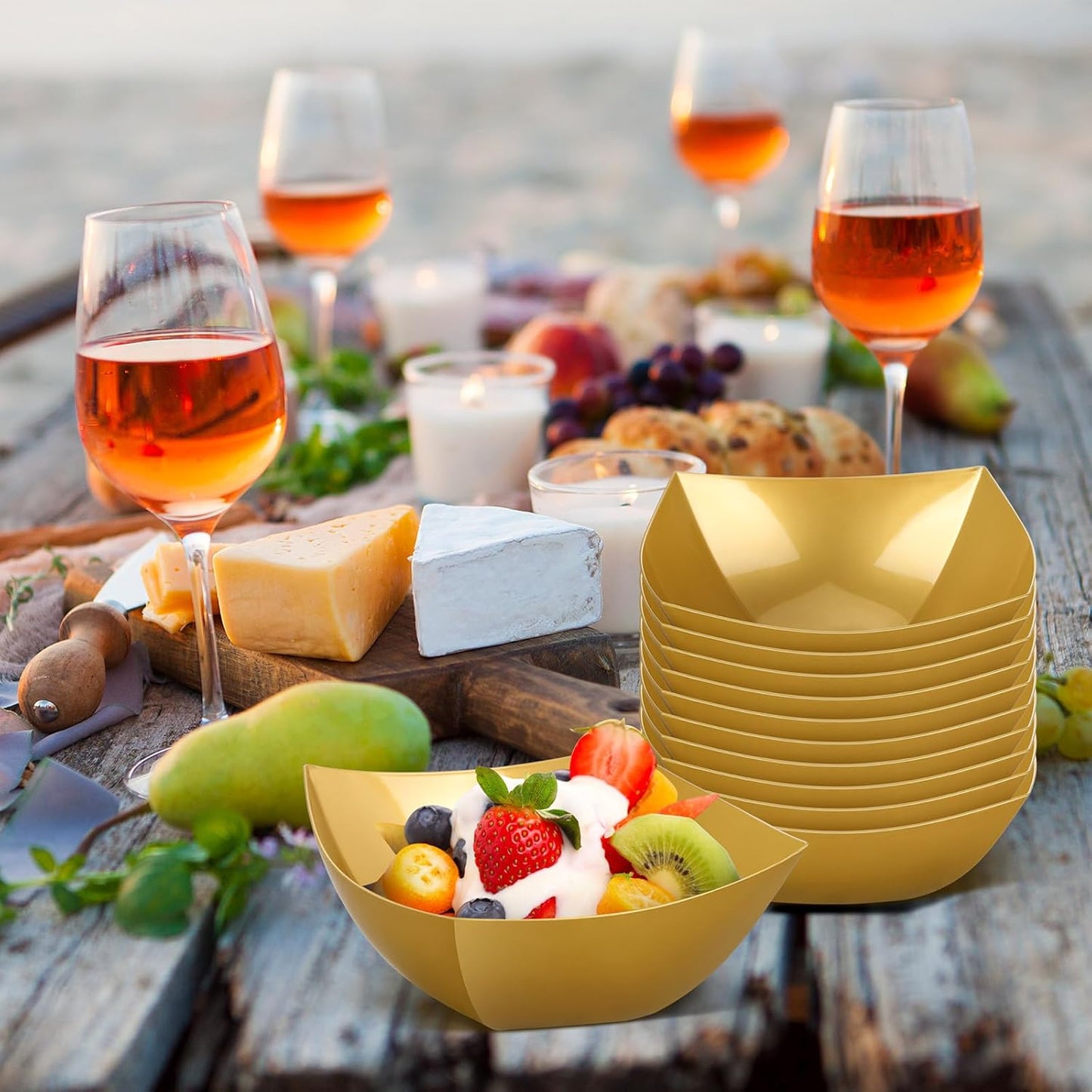 Tanlade 50 Pcs Square Plastic Serving Bowls Disposable Snack Salad Bowl Small Party Candy Bar Containers Taco Bar Serving Dishes for Buffet Chips Fruit(Gold,16 oz)