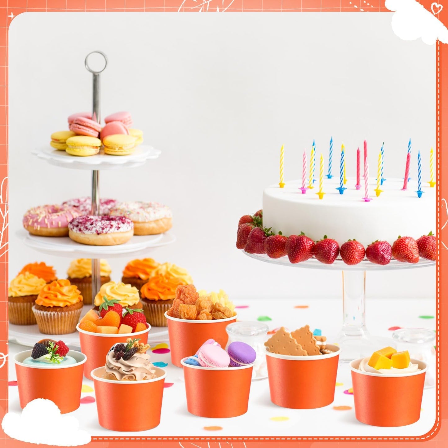 Paper Ice Cream Cups 9oz Colored Disposable Dessert Bowls for Hot or Cold Food Party Cups for Birthday Baby Shower Easter Party Supplies(Orange,60 Pcs)