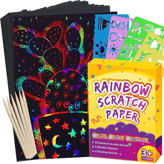 FUNNYB&G Rainbow Scratch Paper Art for Kids - 200 Pcs Magic Rainbow Scratch Paper Off Set Scratch Crafts Arts Supplies Kit Pads Sheets for Party Games Halloween Christmas Birthday Gifts