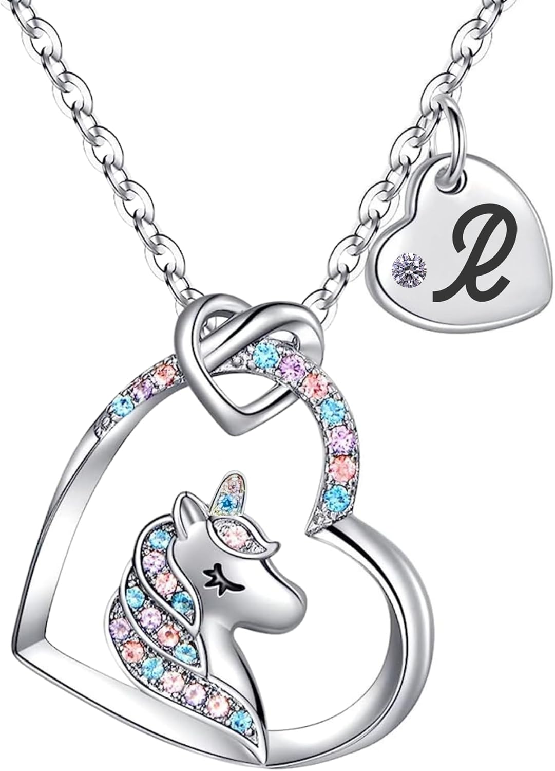 Unicorn Necklace for Girls Kids with Personalized Initial Heart Pendant, 18K Gold Fashion Jewelry for Girls, Colorful Heart Necklace for Birthday Gifts.