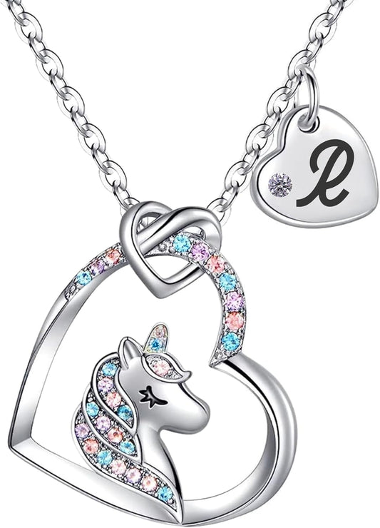 Unicorn Necklace for Girls Kids with Personalized Initial Heart Pendant, 18K Gold Fashion Jewelry for Girls, Colorful Heart Necklace for Birthday Gifts.