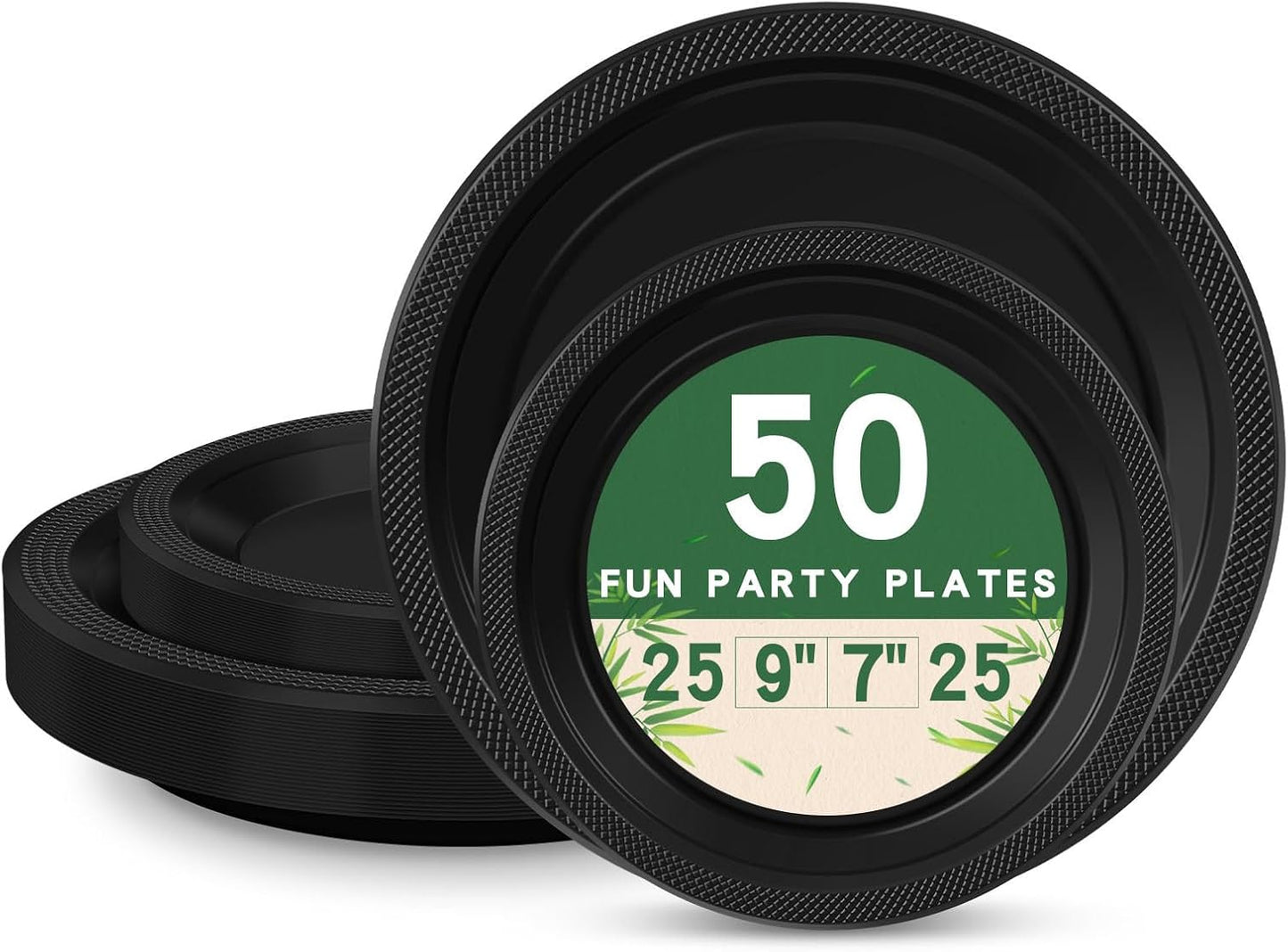 50 Black Plastic Plates For Party, Includes 25-9" & 25-7" Cake Dessert Plastic Dinner Plates Disposable For Party Supplies