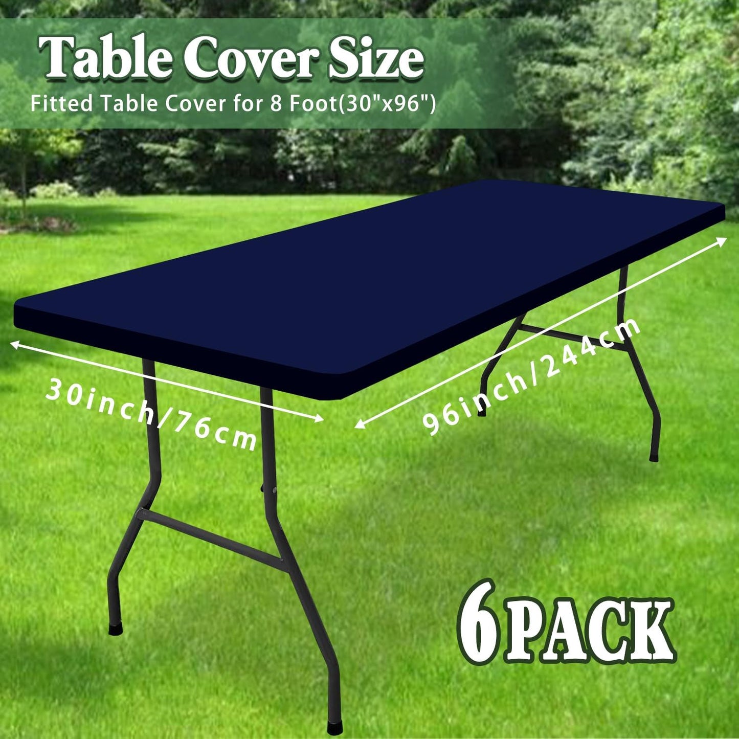 6 Pack Picnic Table Cover Fitted Elastic Tablecloth for 8 Foot Rectangle Tables Waterproof Stretch Washable Folding Indoor Outdoor Spandex Table Cloth for Parties Banquet Camping (Navy Blue,30" x 96")
