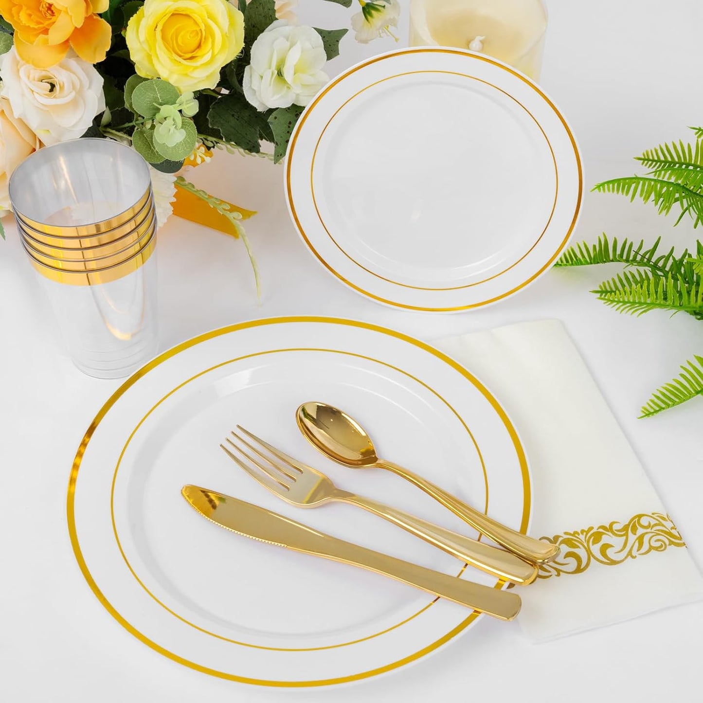 Supernal 400pcs Gold Plastic Dinnerware Set for 50 Guests-Gold Plastic Plates Heavy Duty Disposable Party Plates, 200 Gold Plastic Silverware, Linen Napkins, Clear Cups For Wedding,Birthday