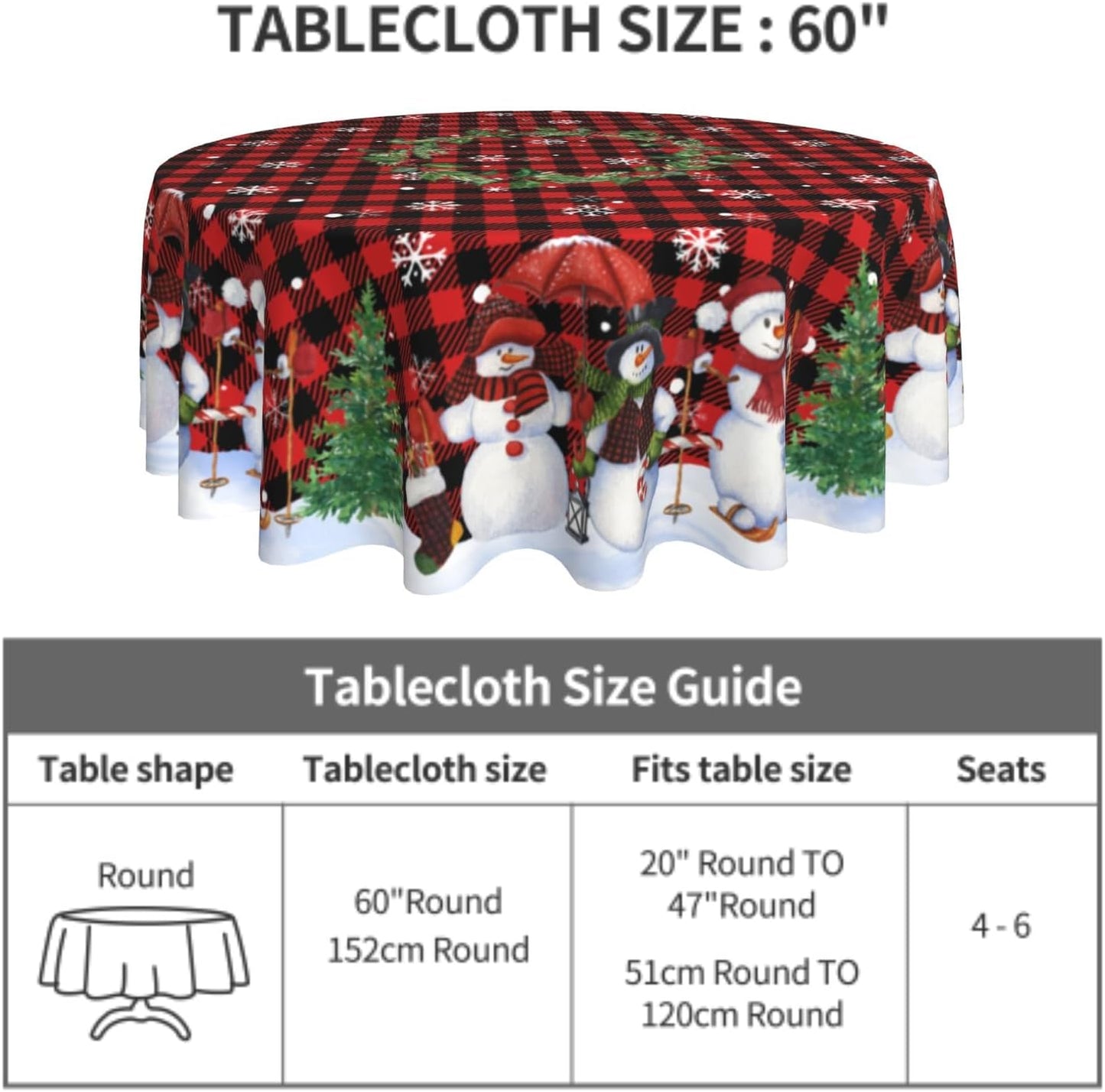 Giwawa Snowman Round Tablecloth 60Inch Winter Snowflakes Christmas Tree Table Cloth with Red Black Buffalo Plaids Xmas Holly Berries Table Cover Reusable Waterproof for Kitchen Dining Holiday Decor