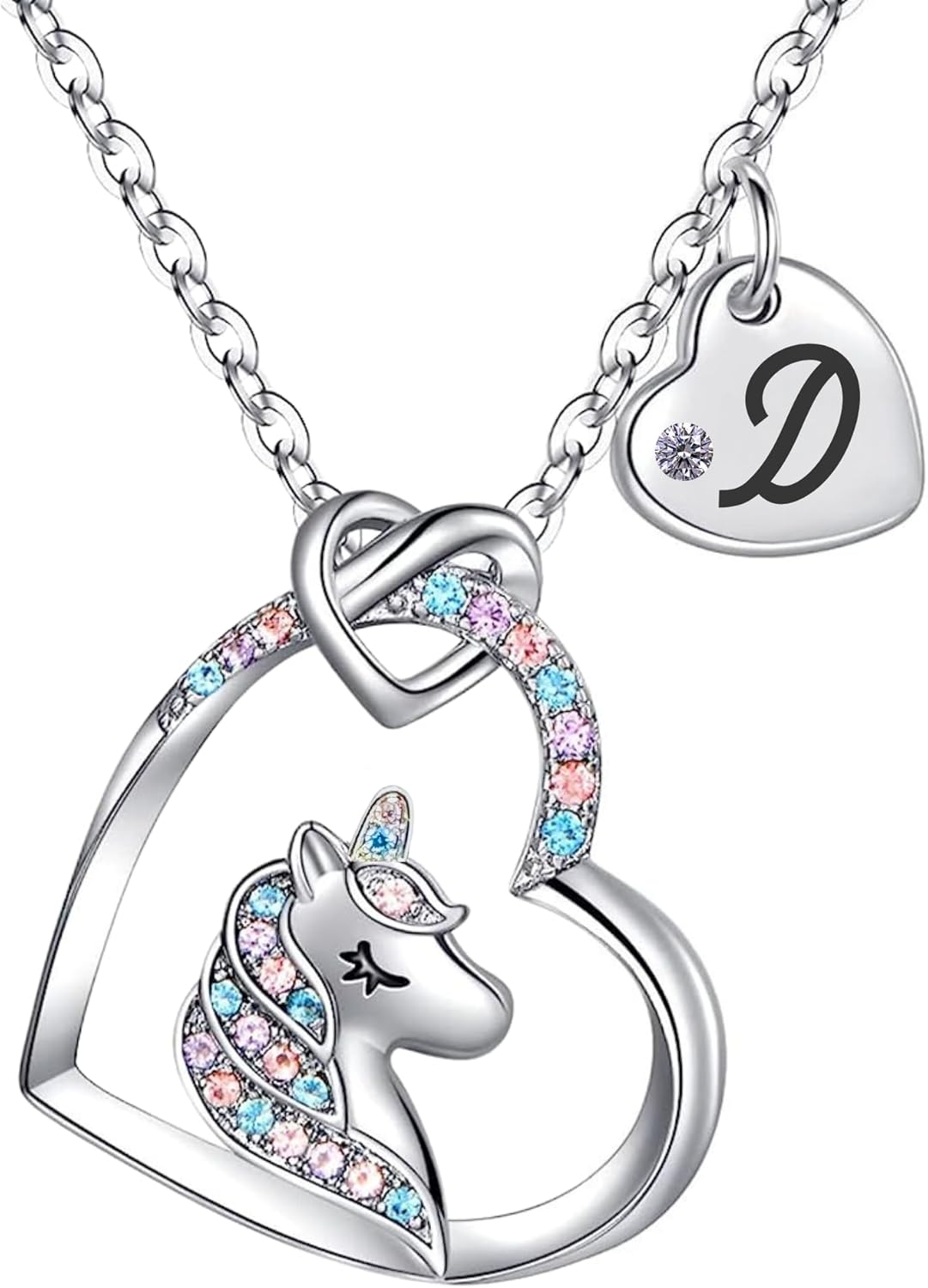Unicorn Necklace for Girls Kids with Personalized Initial Heart Pendant, 18K Gold Fashion Jewelry for Girls, Colorful Heart Necklace for Birthday Gifts.