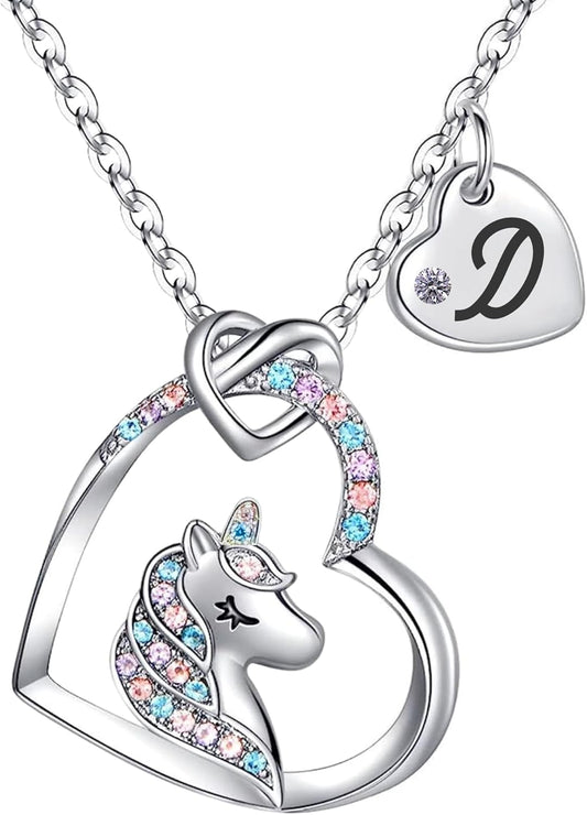 Unicorn Necklace for Girls Kids with Personalized Initial Heart Pendant, 18K Gold Fashion Jewelry for Girls, Colorful Heart Necklace for Birthday Gifts.