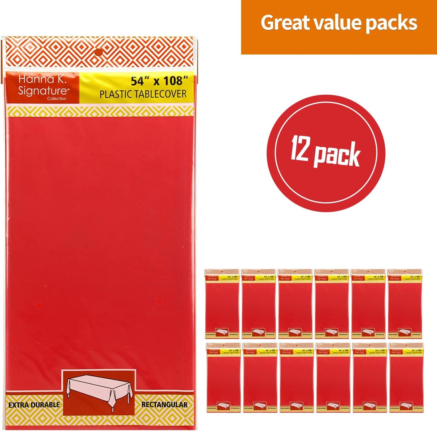 Party Dimensions Red Tablecloth Disposable Plastic Table Cover for Rectangle Tables (12 Pack) Premium Plastic Table Cloths for Parties, Events & Weddings, Indoors/Outdoors, 54"x108"