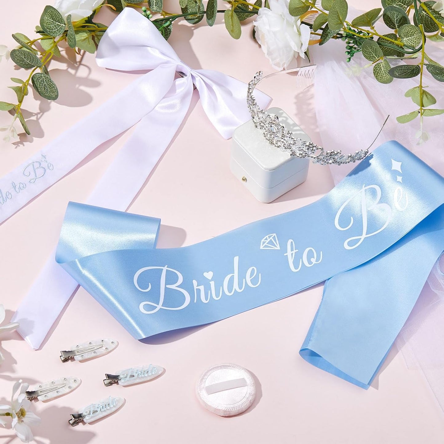 8 Pcs Blue Bachelorette Party Decorations, Bride Sash, Clips, Bridal Shower Crown, Veil, Embroidered Bow Hairpins Engagement Gifts for Bride, Wedding, Bridal Shower Favor
