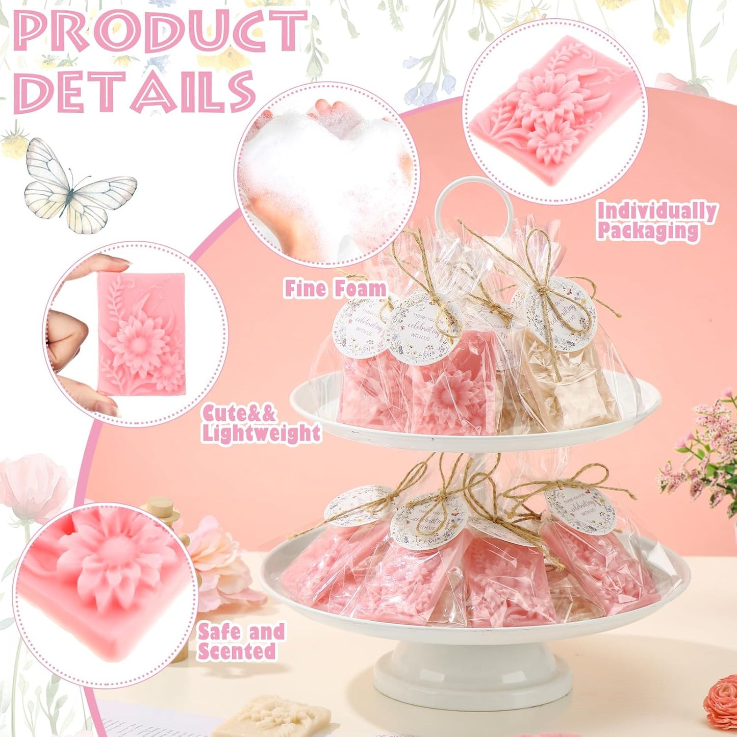 Demissle 20 Pcs Baby Shower Soap Favors Wildflowers Baby Shower in Bloom Flower Bath Soap Gift Set with White Greeting Card Handmade Gifts for Guests Decorations Supplies(Pastel Color,Stylish Style)