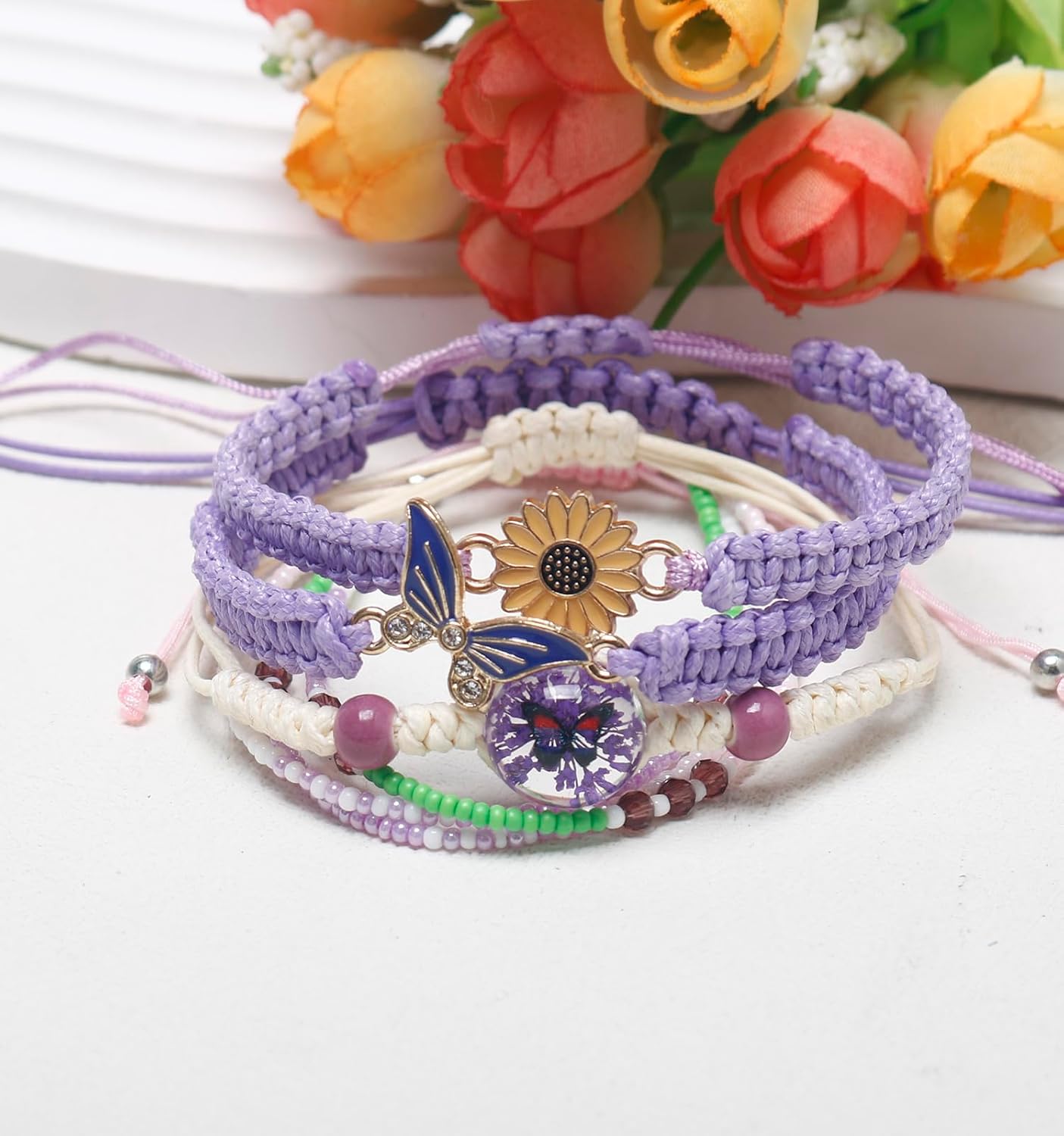 DS 4PCS String beads Charm Bracelets for Teen Girls Dainty cute cartoon Butterfly Daisy Eternal flower Beads Bracelets set for woman and girls Adjustable Stretch bracelet birthday Gift For Friends