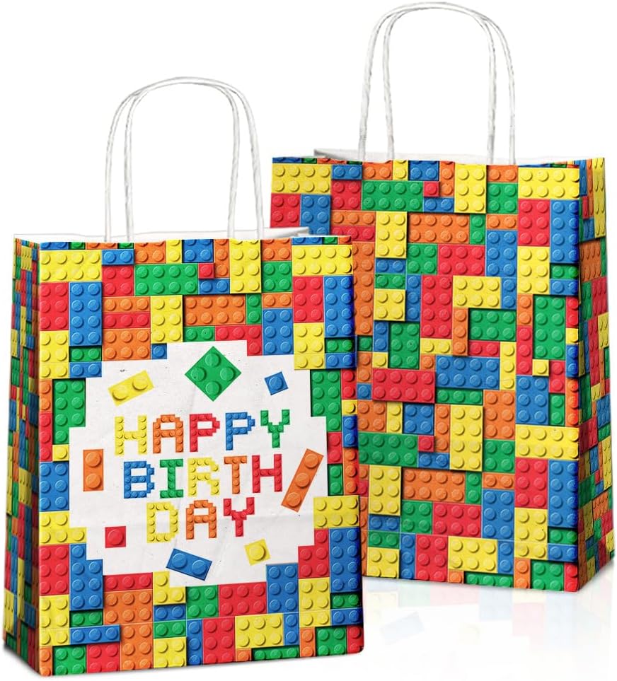 24 Pcs Building Block Party Favor Bags with Handles - Bricks Goodie Gift Candy Bags for Birthday Party Baby Shower Supplies Decorations