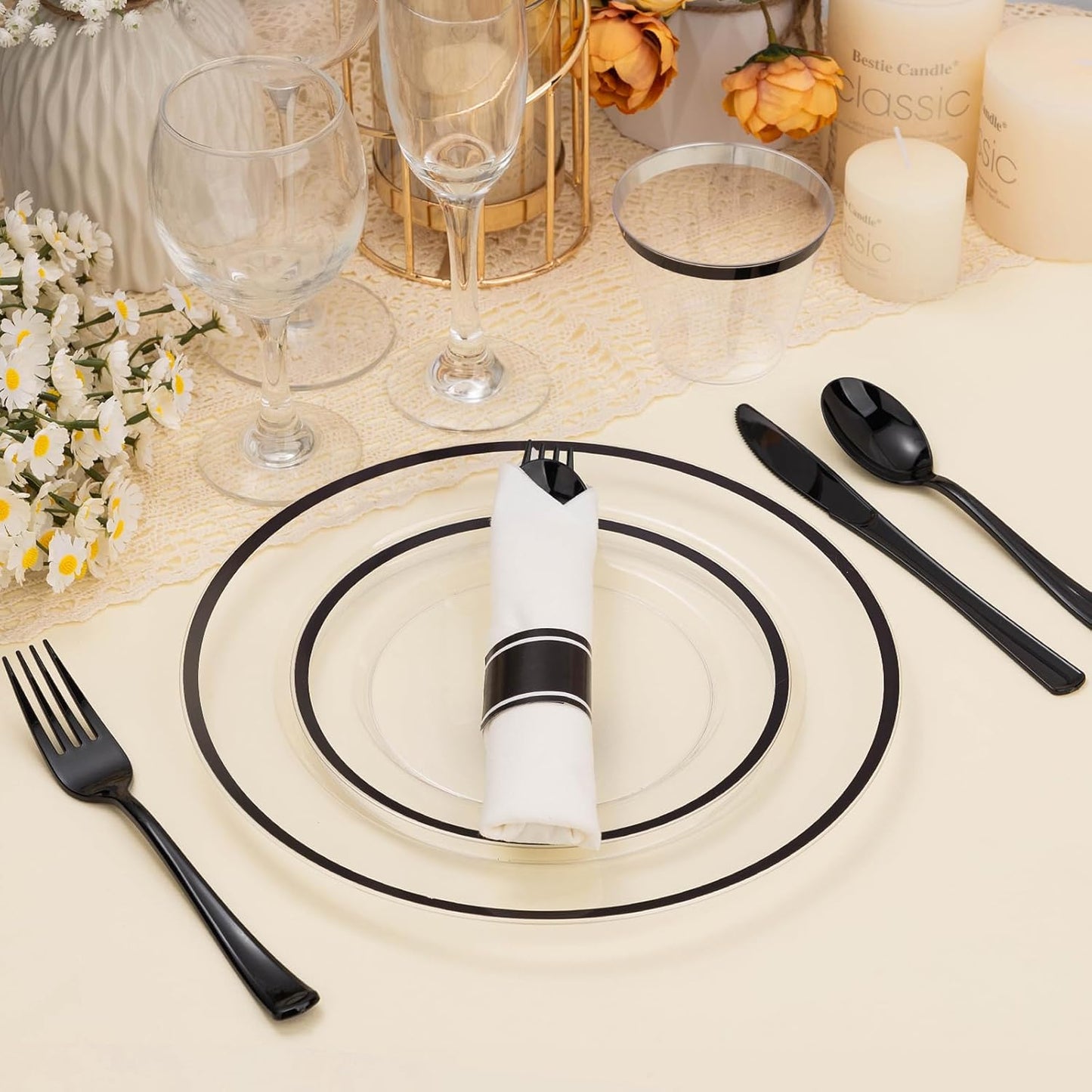 350PCS Clear and Black Disposable Plates Set for 50 Guests, 100 Plastic Plates, 50 Plastic Cups, 50 Pre-Rolled Napkins with Cutlery for Party, Thanksgiving, Birthday, Halloween, Christmas