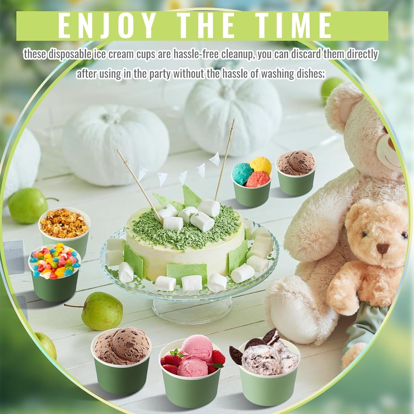 Paper Ice Cream Cups 9oz Colored Disposable Dessert Bowls for Hot or Cold Food Party Cups for Birthday Baby Shower Easter Party Supplies(Sage Green,60 Pcs)