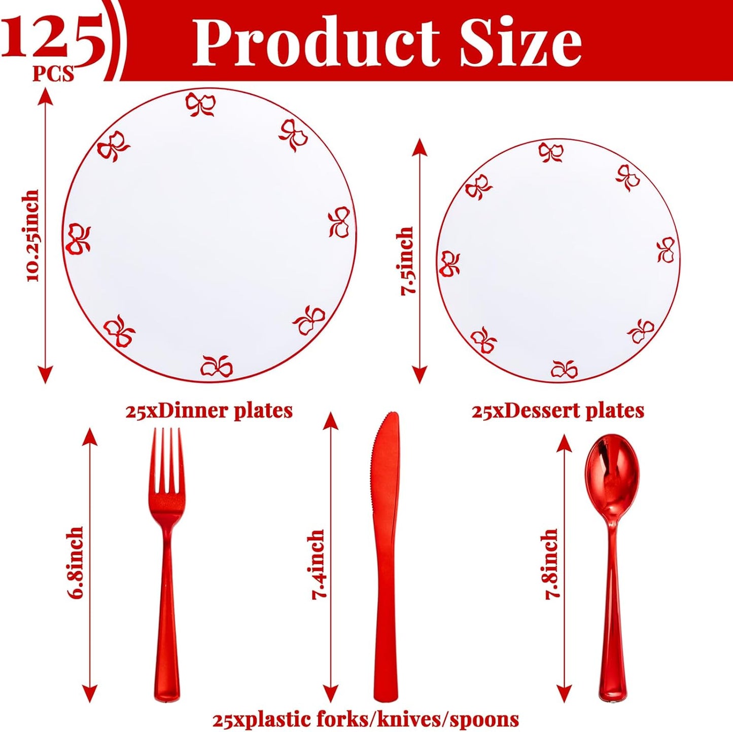 125PCS Red Bow Plastic Plates - White and Red Rim Disposable Plates - 50 Elegant Plates with Bowknot Patterns, 25 Forks, 25 Spoons, 25 Knives for Birthday & Christmas Party