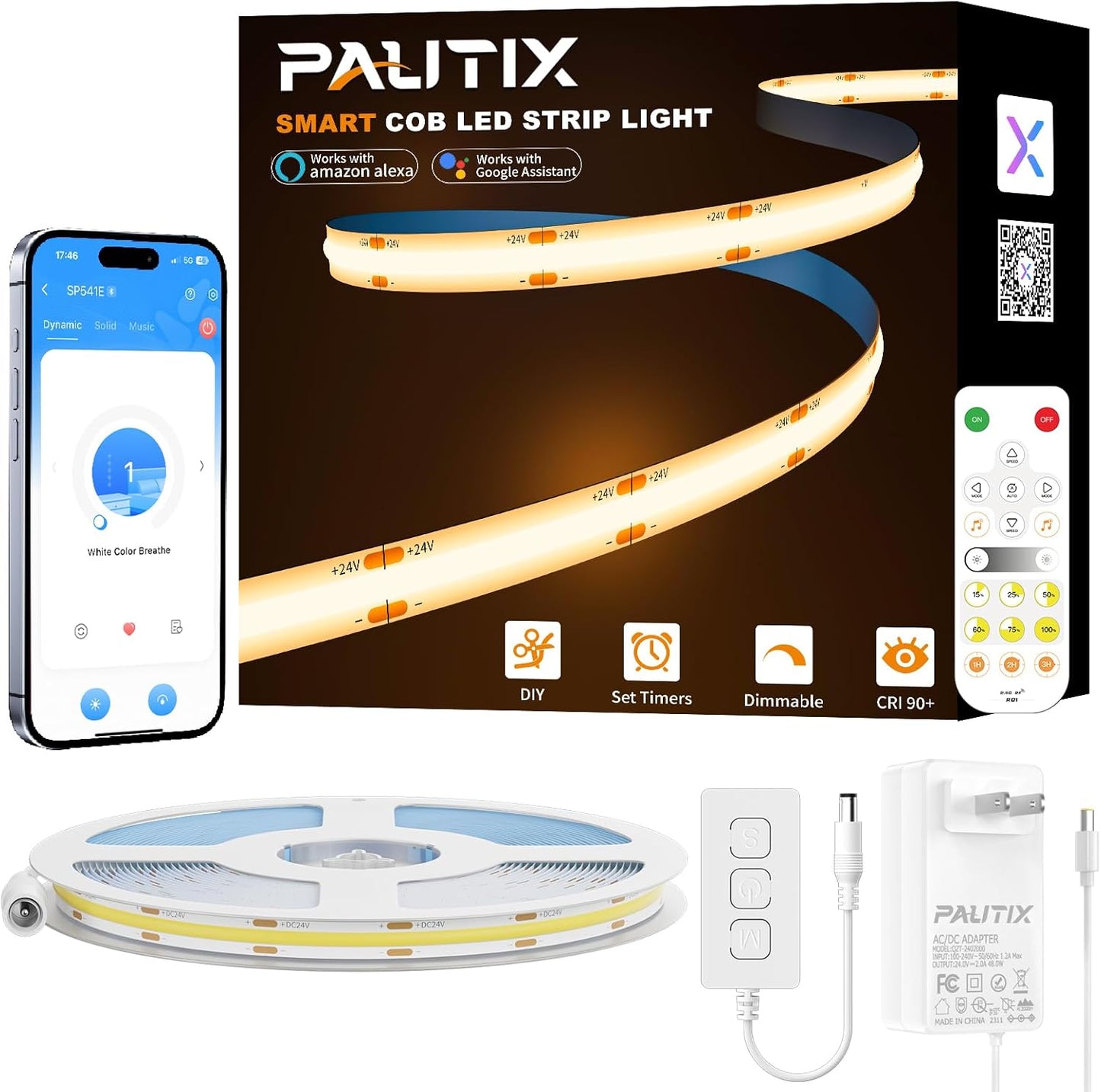 PAUTIX Smart COB LED Strip Light 32.8ft/10m,Warm White 2700K LED Strip,Compatible with Alexa/Google Assistant,Dimmable 24V LED COB Light Strip Kit for Kitchen,Bedroom,Cabinet,Living Room,Office