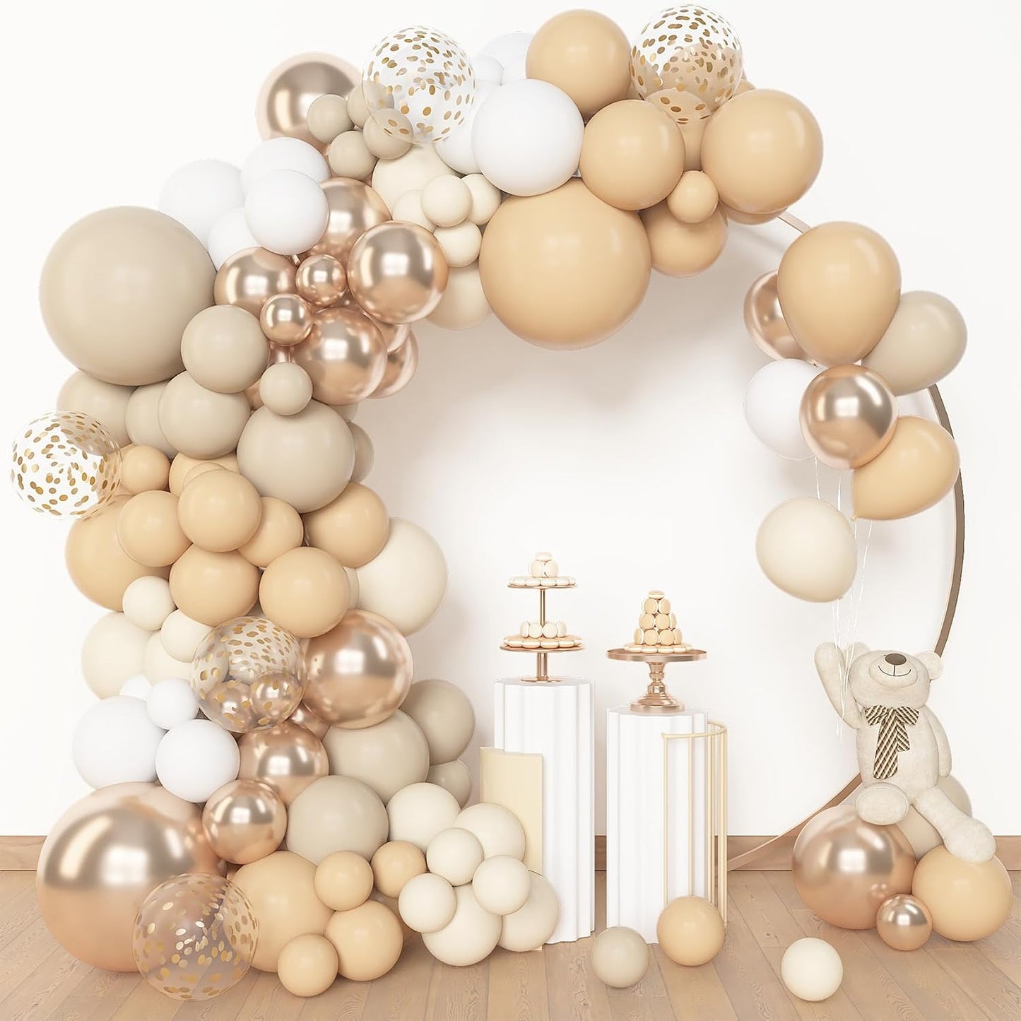 Amandir 153pcs White Sand Balloon Arch Garland Kit, Different Sizes 18 12 10 5 inch Beige Nude Neutral Metallic Champagne Gold Confetti Balloons for Boho Bridal Baby Shower Birthday Party Decorations
