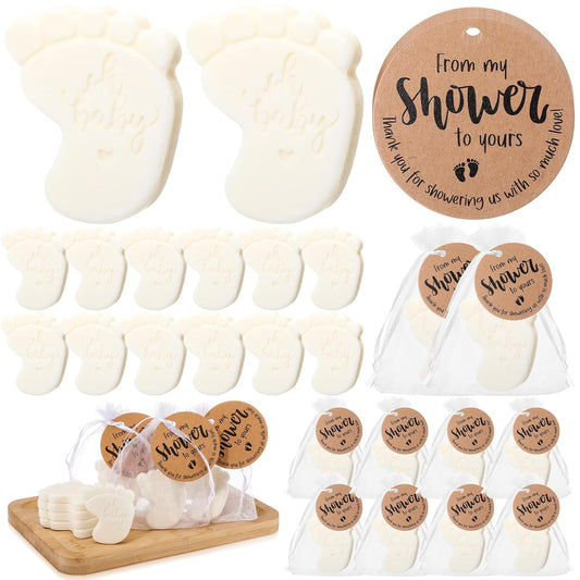 25 Sets Baby Shower Soap Favors for Guests Girl Boy Mini Footprint Handmade Scented Soaps with Thank You Tags and Organza Bags for Shower Gender Reveal Party Favors(White,Baby Feet)