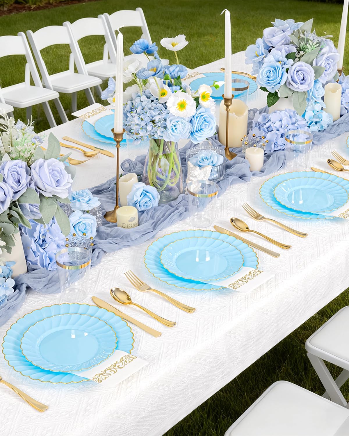 YOUBET 175PCS Blue Scalloped Plastic Plates - Light Blue Disposable Dinnerware Set Include 50 Plates, 75 Gold Silverware, 25 Cups, 25 Napkins for Party & Wedding & Baby Shower