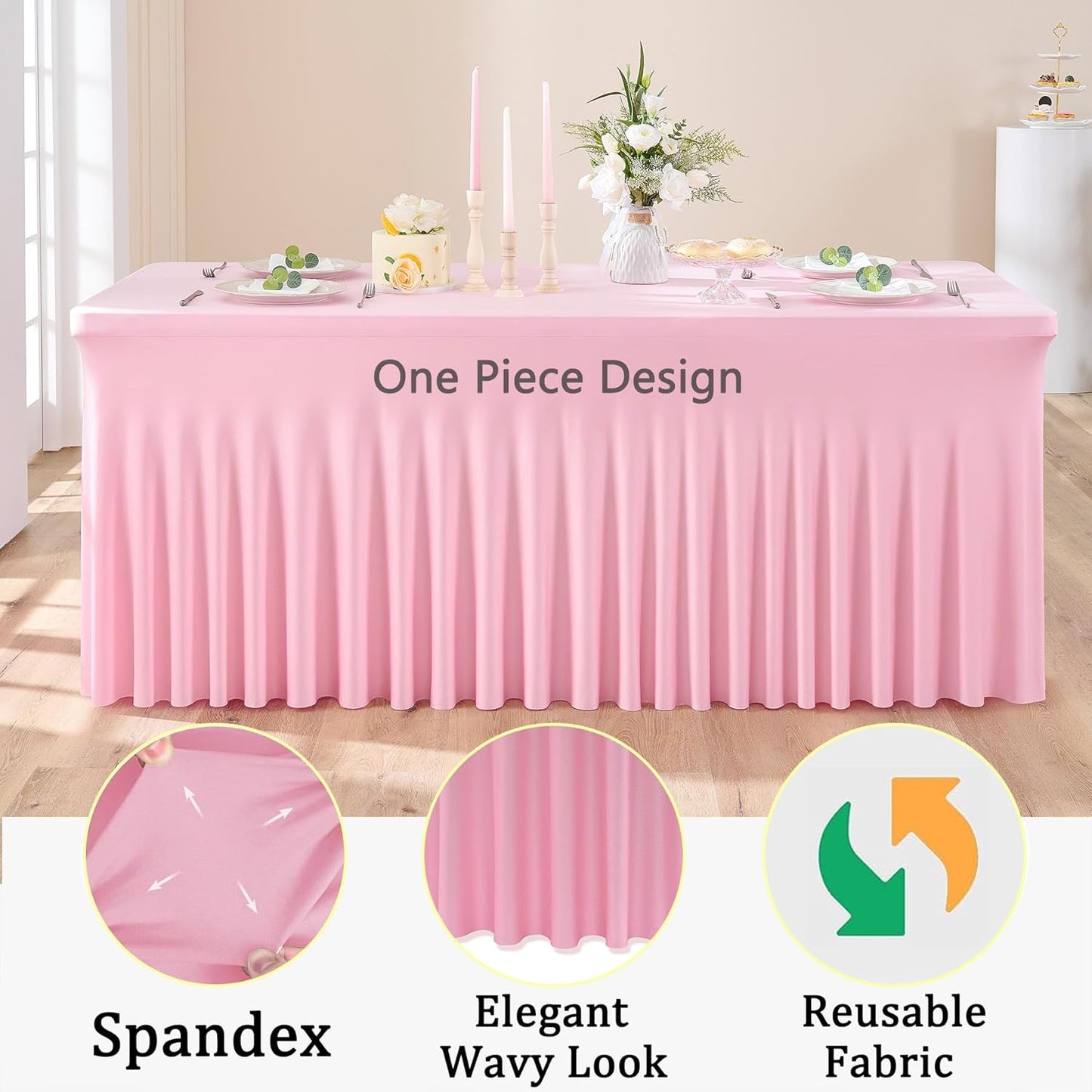 6 Pack Spandex Baby Pink Tablecloths for 8 Foot Rectangle Tables, Fitted Table Cloths 8ft Stretchy Table Clothes for Parties Weddings Birthday Banquet Baby Shower