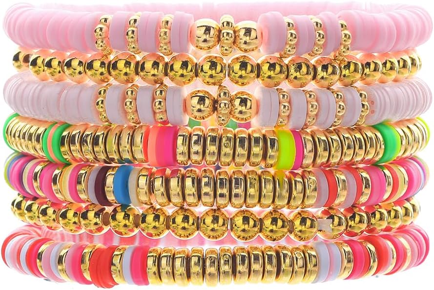 Friendship Bracelets for Women - Heishi Surfer Colorful Smile Evil Eye Clay Beaded Stretch Bracelets Elastic Layering - Stackable Boho Disc Y2K Aesthetic Summer Jewelry Set.