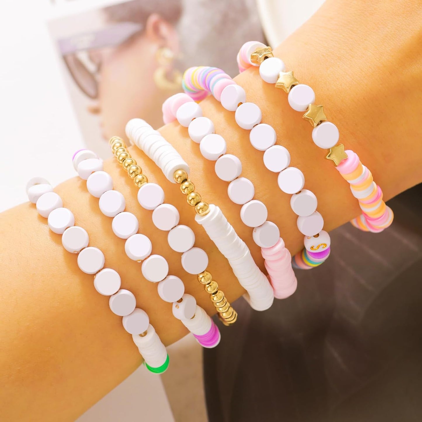 Friendship Bracelets for Women - Heishi Surfer Colorful Smile Evil Eye Clay Beaded Stretch Bracelets Elastic Layering - Stackable Boho Disc Y2K Aesthetic Summer Jewelry Set.