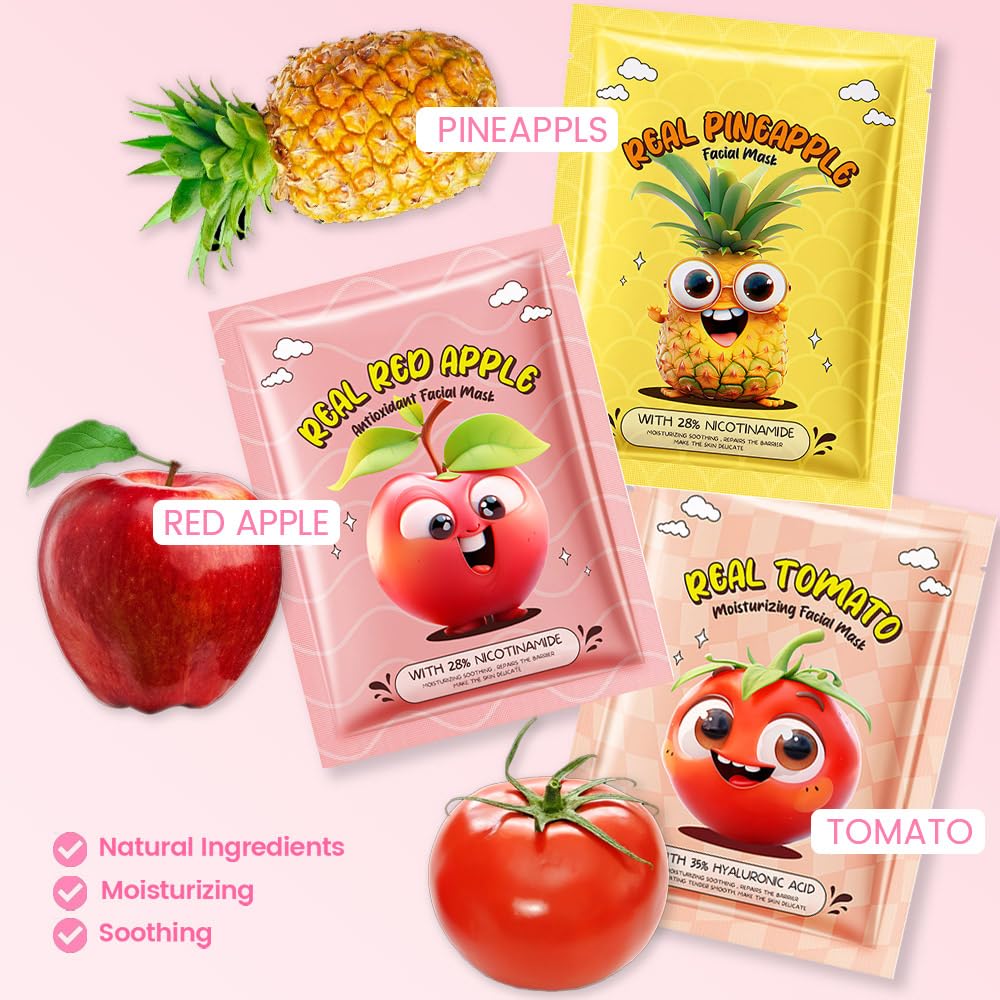 Kaely 12 Pack Fruit Face Masks for Kids, Kids Face Mask Spa Day Kit Supplies, Spa Party Favors for Teens Girls Women, Sheet Facial Mask Skincare Gifts Set, Moisturize Soothe for All Skin Types, 03