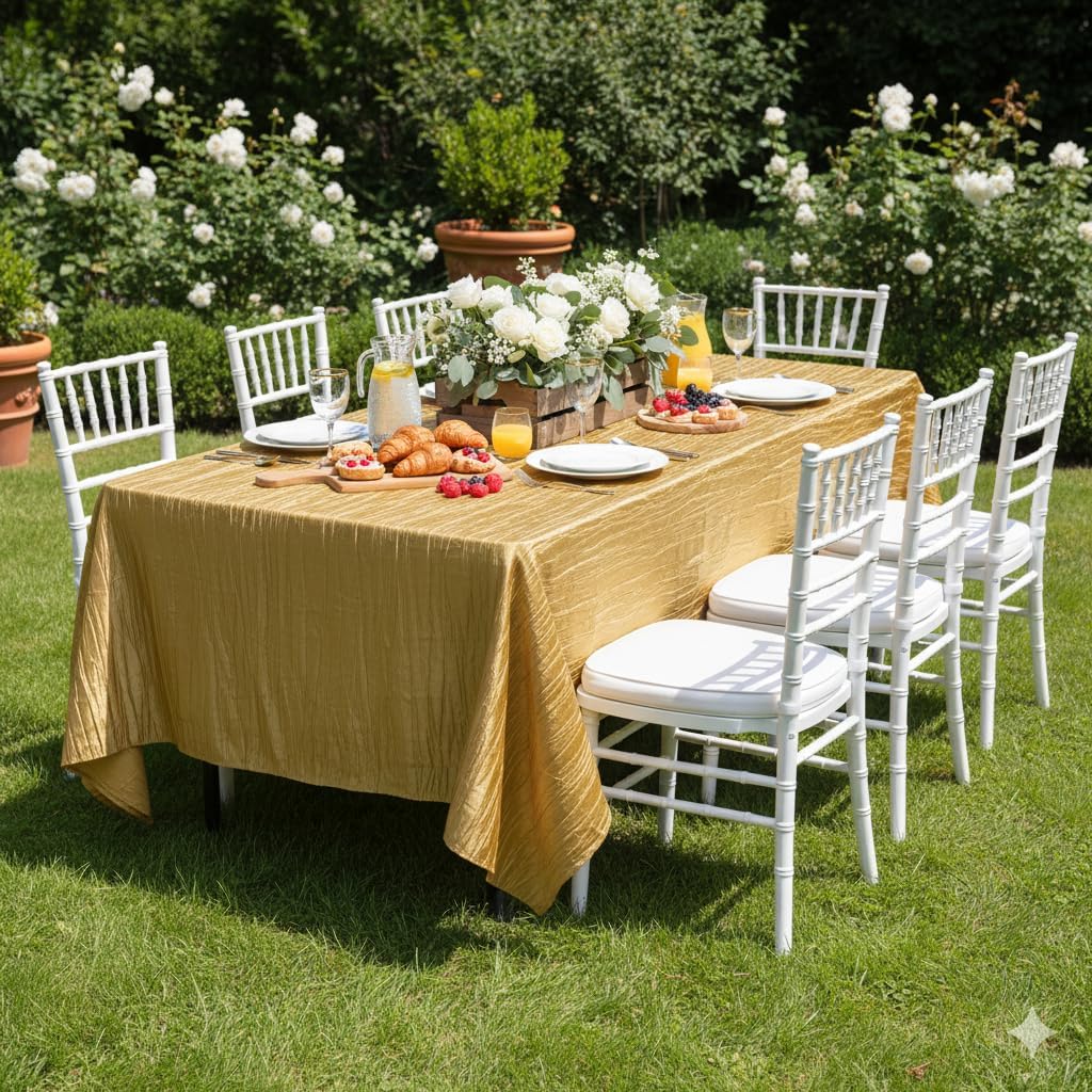 YOUR CHAIR COVERS - 60 x 102 inch Rectangular Crinkle Taffeta Tablecloth - Gold, Rectangle Table Linens for 6 ft Rectangular Tables, Wedding Crushed Table Cloth