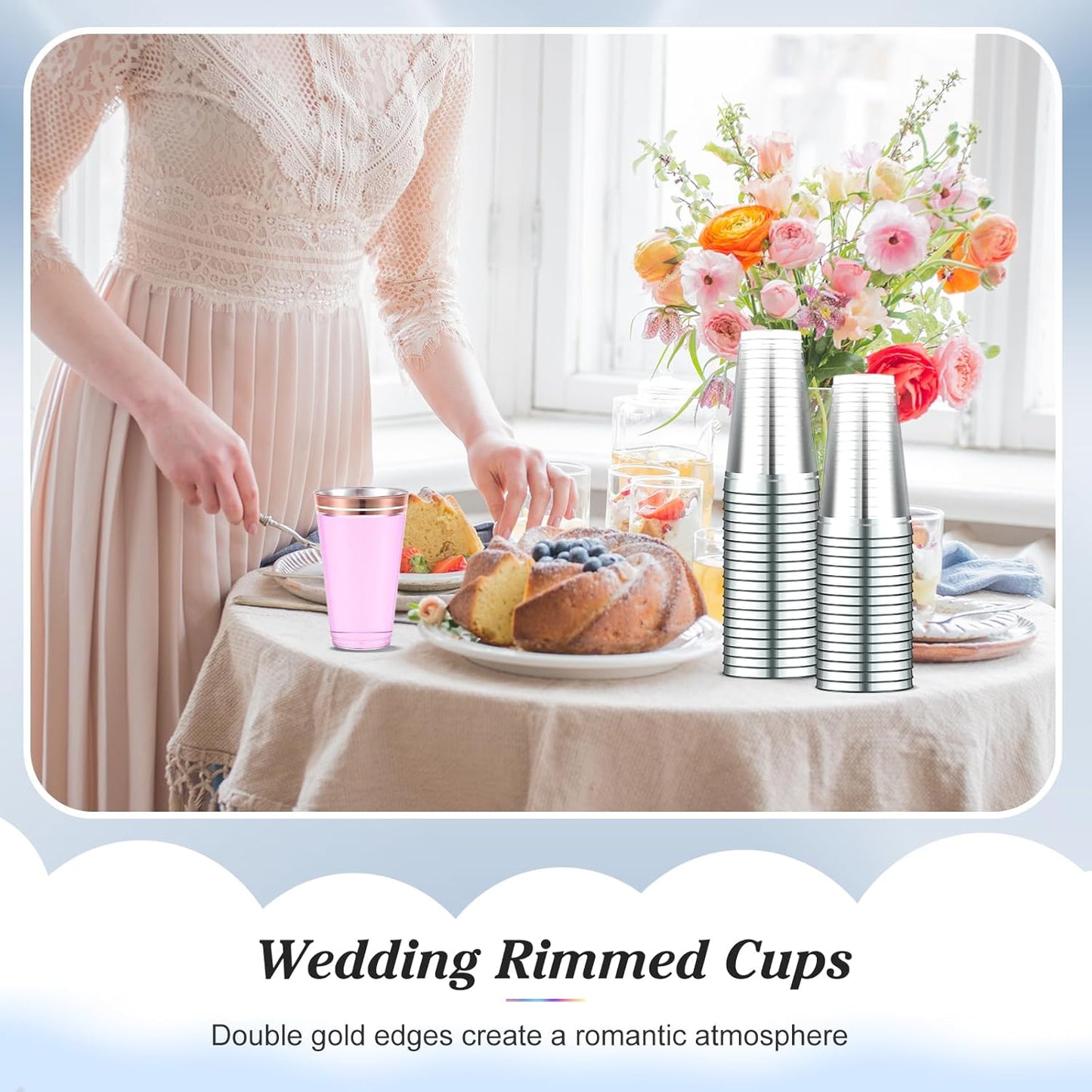 Sliner 50 Pcs Hard Plastic Cups Double Rimmed Plastic Cups Heavy Duty Fancy Disposable Wine Glasses for Holiday Wedding Graduation Birthdays Christmas Valentine Parties(16 Oz,Silver)