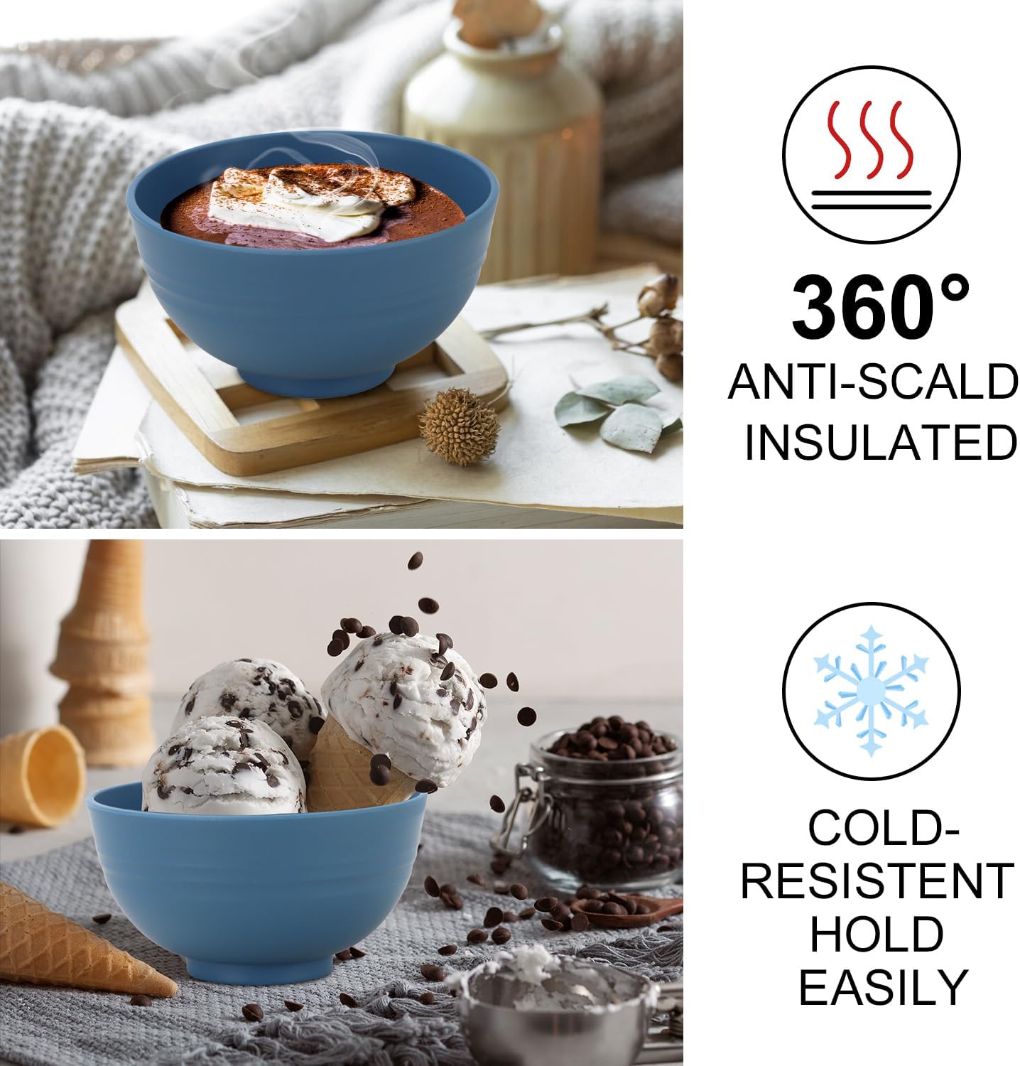 Wrova wheat straw dessert bowls 10oz set of 8 - Unbreakable snack Bowls Dishwasher Safe - Handy Bowls for Ice Cream,Yogurt and Fruits. Blue